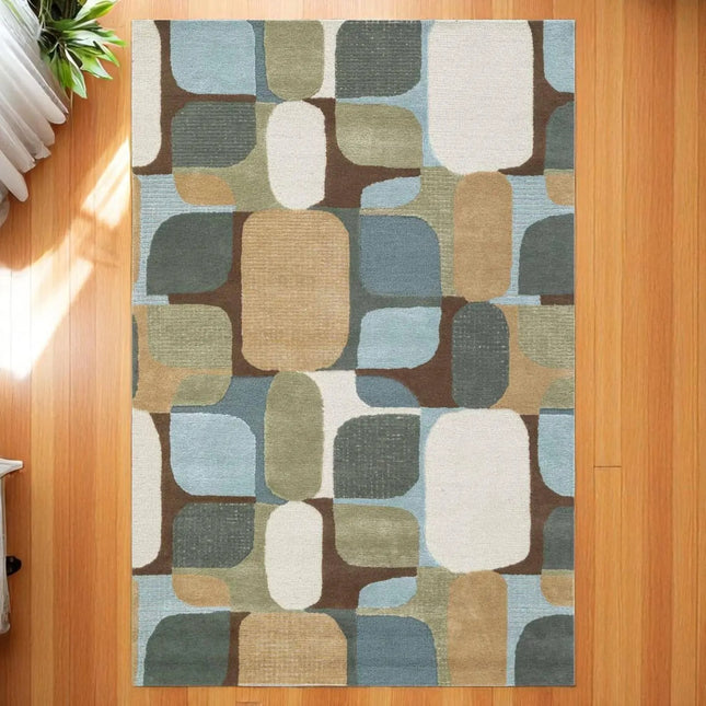 Handmade Tufted Wool Rug 8x10: Muted Green Abstract Design