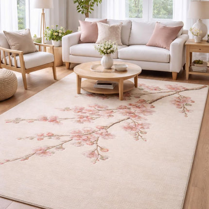 Hand-Tufted Wool Rug, Soft Pink Cherry Blossom Floral Design