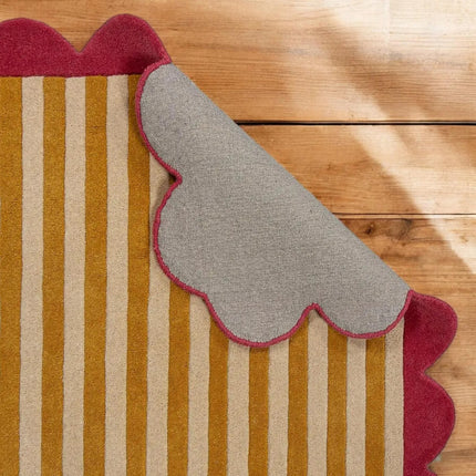 Hand Tufted Scalloped Wool Rug: Modern Blue Striped Area Rug