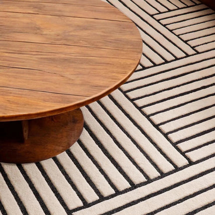 Black Striped Hand-Tufted Wool Rug: 8x10 Minimalist Decor