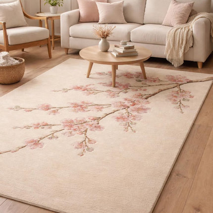 Hand-Tufted Wool Rug, Soft Pink Cherry Blossom Floral Design