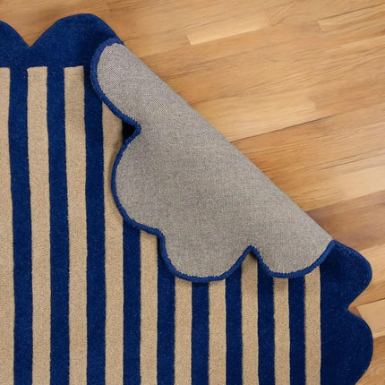 Hand Tufted Scalloped Wool Rug: Modern Blue Striped Area Rug
