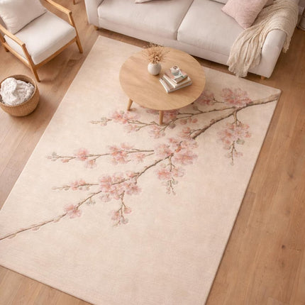 Hand-Tufted Wool Rug, Soft Pink Cherry Blossom Floral Design