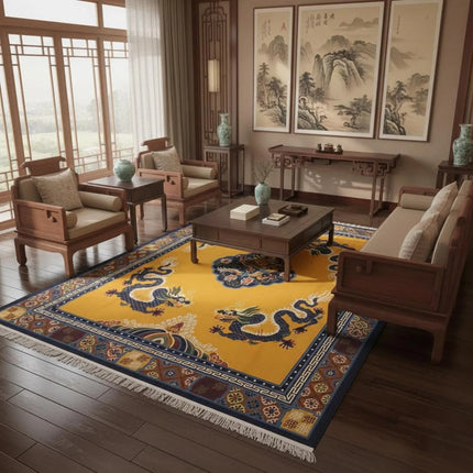 Hand-Knotted Dragon Wool Rug: Indo-Tibetan Boho Decor