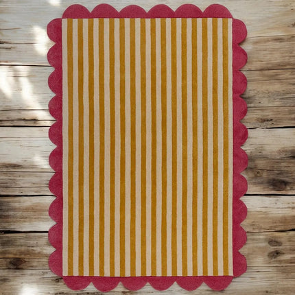 Hand Tufted Scalloped Wool Rug: Modern Blue Striped Area Rug