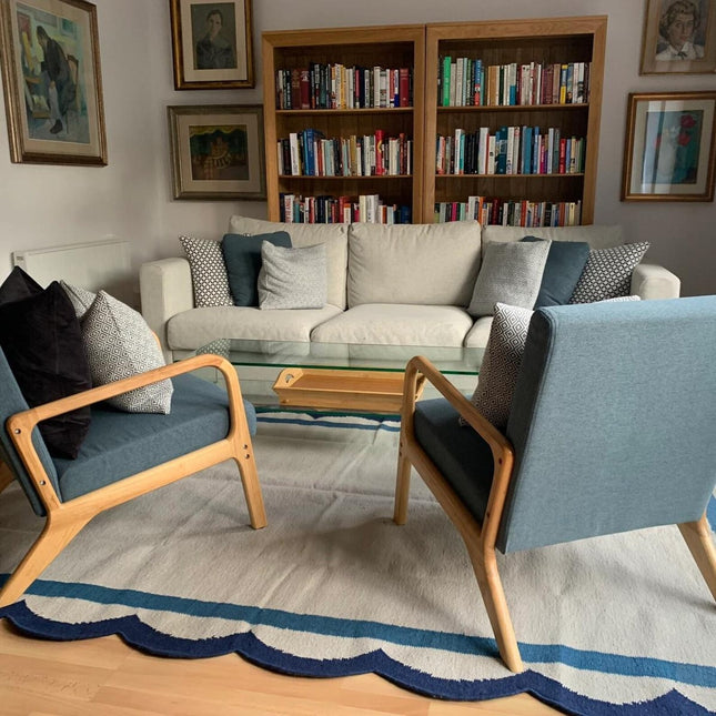 Handwoven Scalloped Wool Rug: Modern Boho Area Rug