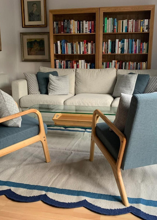 Handwoven Scalloped Wool Rug: Modern Boho Area Rug