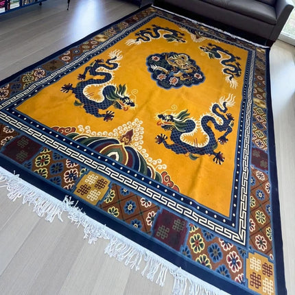 Hand-Knotted Dragon Wool Rug: Indo-Tibetan Boho Decor