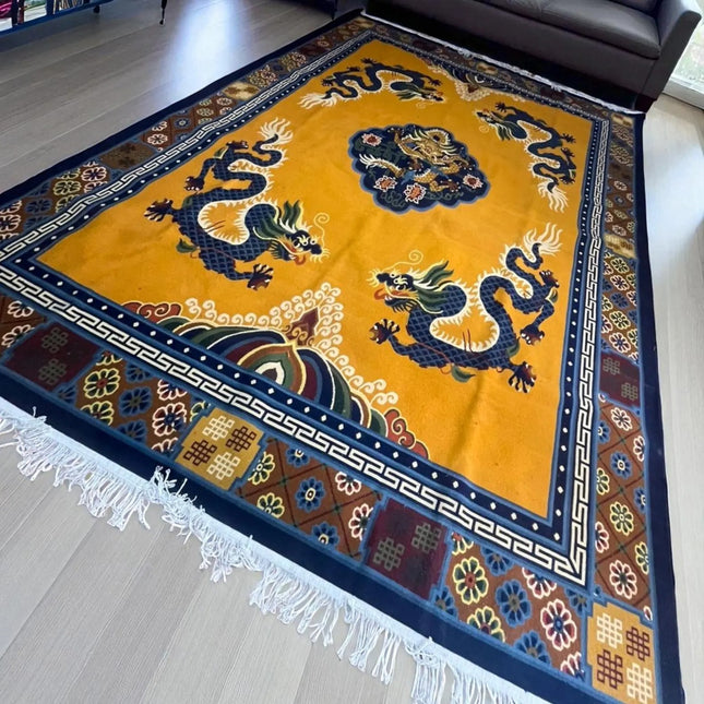 Hand-Knotted Dragon Wool Rug: Indo-Tibetan Boho Decor