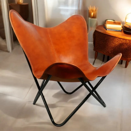 Handmade Tan Brown Butterfly Chair Classic Leather Recliner for Cozy Living Spaces