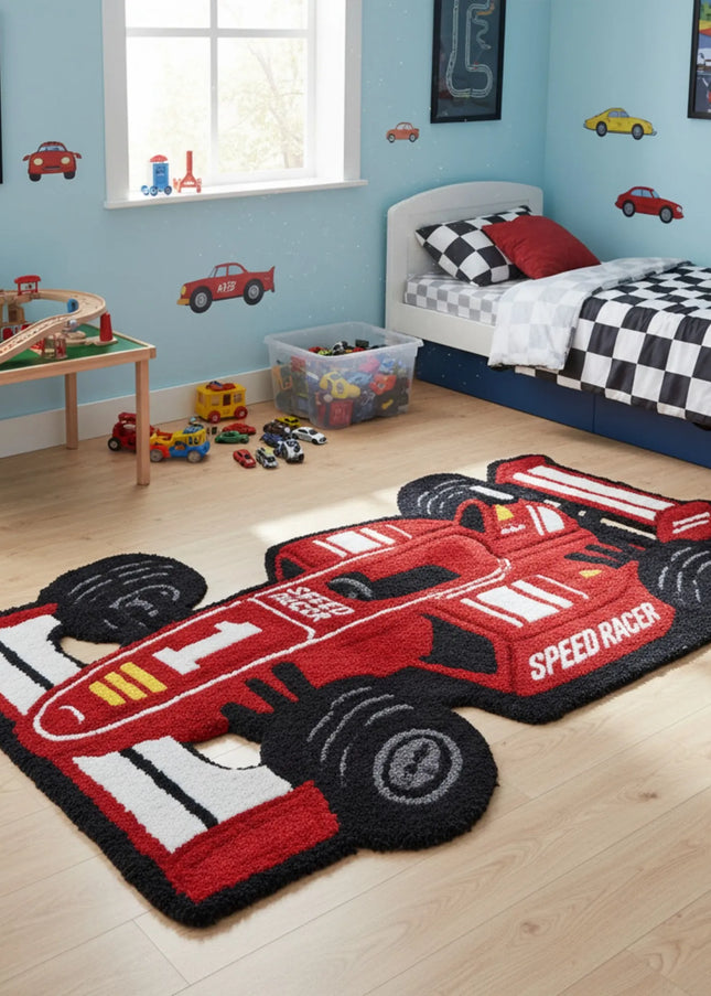 Red Race Car Wool Rug – Hand Tufted F1 Speed Racer Rug