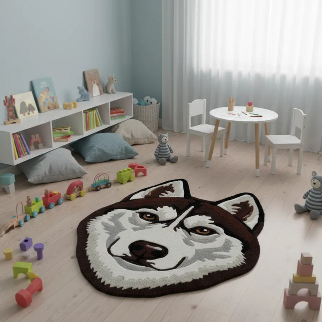 Hand Tufted Wool Husky Rug: Plush Dog Face Carpet, Nursery Decor