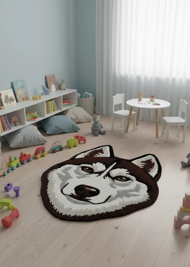Hand Tufted Wool Husky Rug: Plush Dog Face Carpet, Nursery Decor