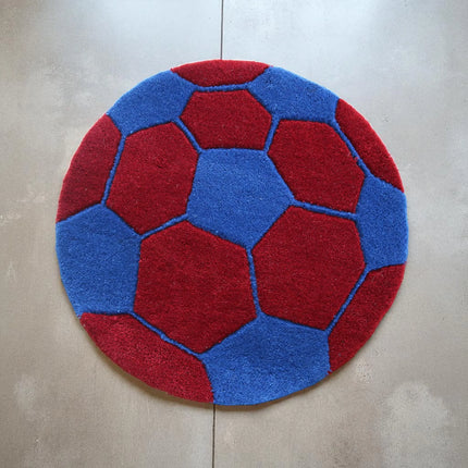 Red & Blue Soccer Ball Round Hand Tufted Wool Rug : Kids Room Play Carpet