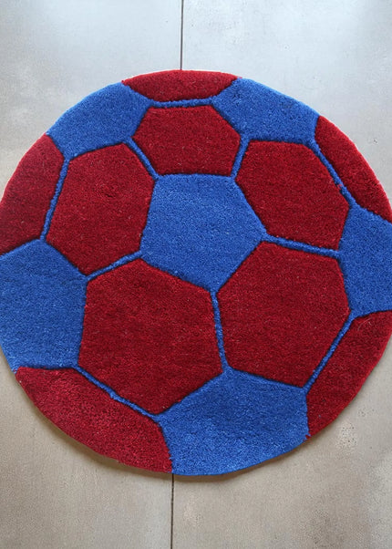 Red & Blue Soccer Ball Round Hand Tufted Wool Rug : Kids Room Play Carpet