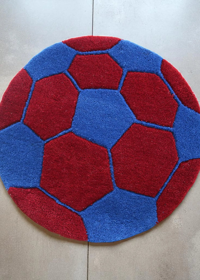 Red & Blue Soccer Ball Round Hand Tufted Wool Rug : Kids Room Play Carpet