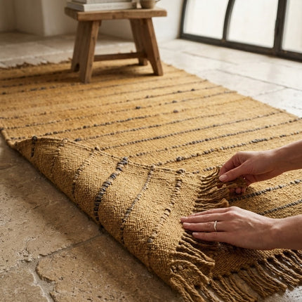 Handwoven Jute Area Rug, Mustard Ochre Striped Rug with Fringe, Natural Boho Farmhouse Rug, Rustic Textured Living Room Rug