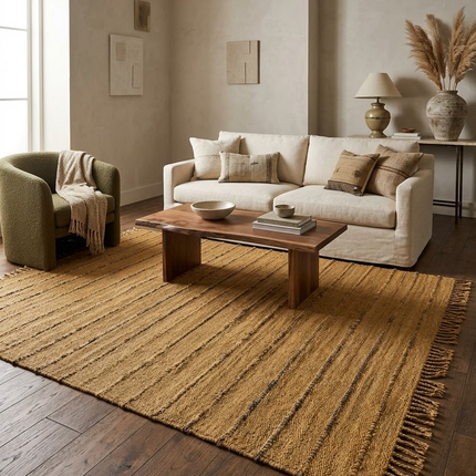 Handwoven Jute Area Rug, Mustard Ochre Striped Rug with Fringe, Natural Boho Farmhouse Rug, Rustic Textured Living Room Rug