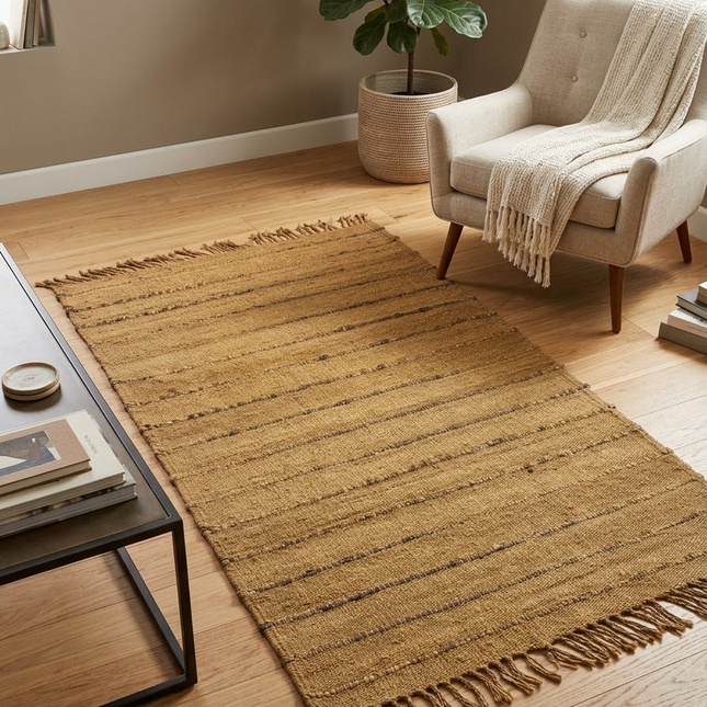 Handwoven Jute Area Rug, Mustard Ochre Striped Rug with Fringe, Natural Boho Farmhouse Rug, Rustic Textured Living Room Rug