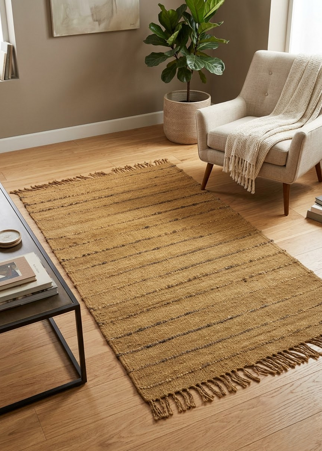 Handwoven Jute Area Rug, Mustard Ochre Striped Rug with Fringe, Natural Boho Farmhouse Rug, Rustic Textured Living Room Rug