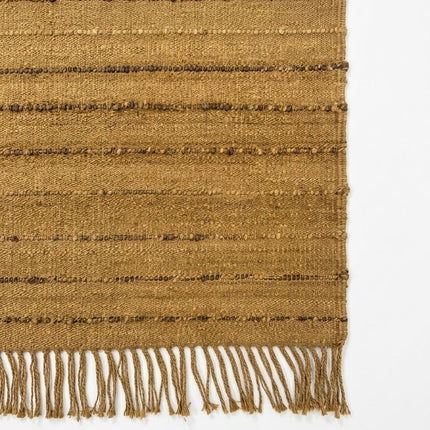 Handwoven Jute Area Rug, Mustard Ochre Striped Rug with Fringe, Natural Boho Farmhouse Rug, Rustic Textured Living Room Rug