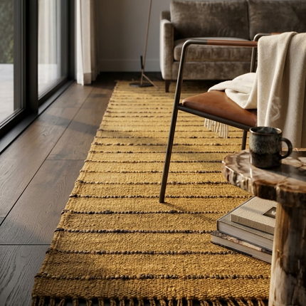 Handwoven Jute Area Rug, Mustard Ochre Striped Rug with Fringe, Natural Boho Farmhouse Rug, Rustic Textured Living Room Rug