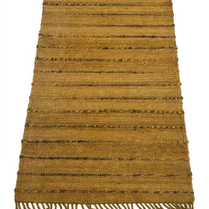 Handwoven Jute Area Rug, Mustard Ochre Striped Rug with Fringe, Natural Boho Farmhouse Rug, Rustic Textured Living Room Rug