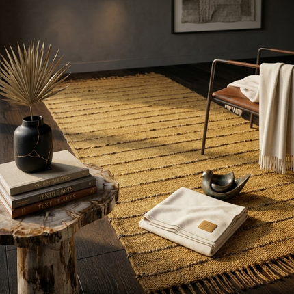 Handwoven Jute Area Rug, Mustard Ochre Striped Rug with Fringe, Natural Boho Farmhouse Rug, Rustic Textured Living Room Rug