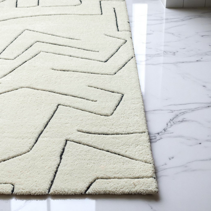 8x10 Modern Abstract Line Art Wool Hand Tufted Cream &amp; Black Area Rug