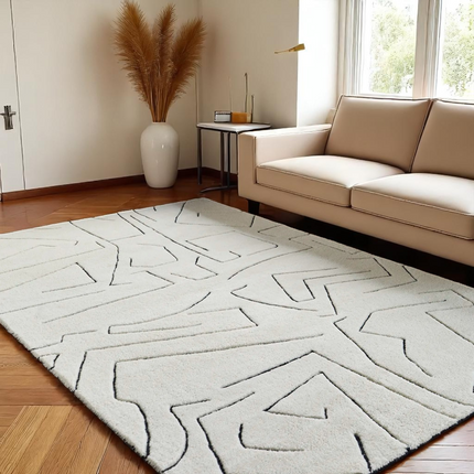 8x10 Modern Abstract Line Art Wool Hand Tufted Cream &amp; Black Area Rug