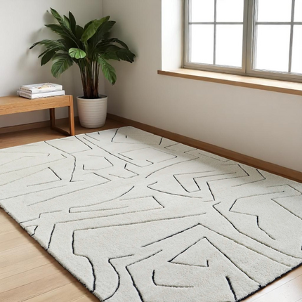 8x10 Modern Abstract Line Art Wool Hand Tufted Cream &amp; Black Area Rug