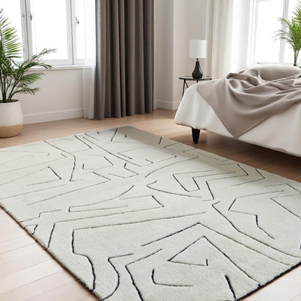 8x10 Modern Abstract Line Art Wool Hand Tufted Cream &amp; Black Area Rug