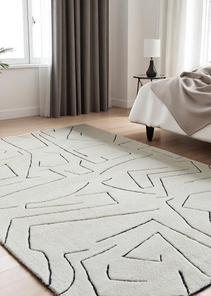 8x10 Modern Abstract Line Art Wool Hand Tufted Cream & Black Area Rug