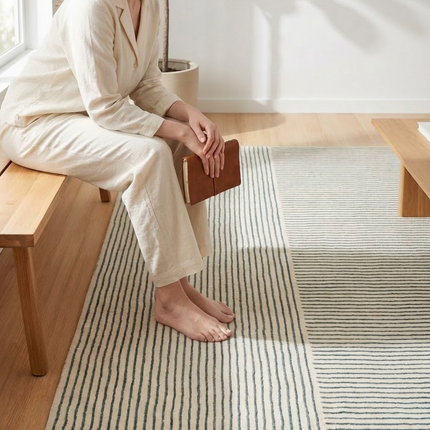 Hand Tufted Wool Rug: Minimalist Blue Stripe Pattern