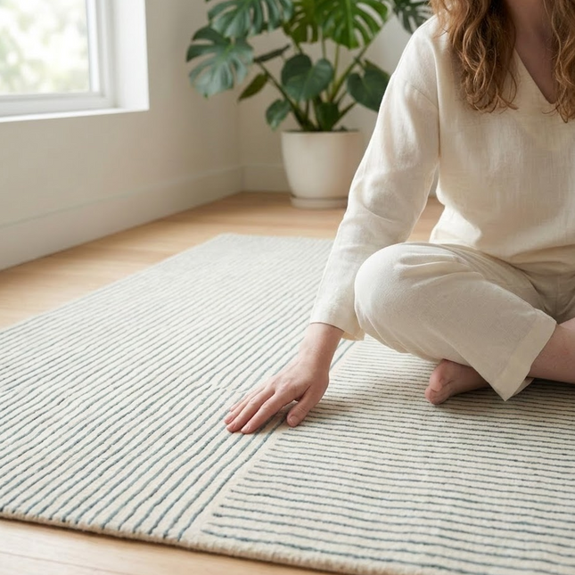 Hand Tufted Wool Rug: Minimalist Blue Stripe Pattern