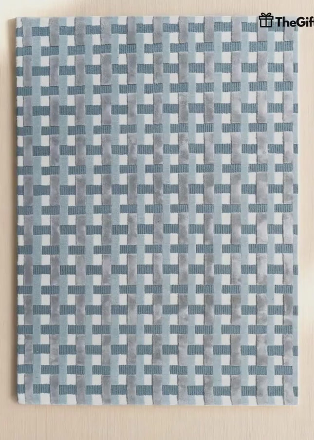 Modern Blue Checkered Wool & Silk Rug - Hand-Tufted 8x10 Area Rug