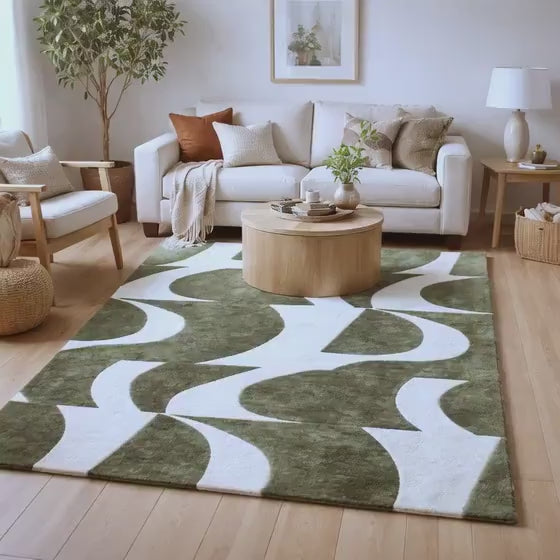 Hand Tufted Green Wool Rug: Abstract Modern Carpet