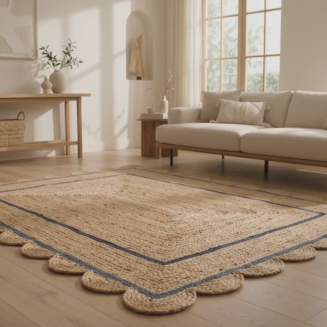 Silver Scalloped Jute Rug: Hand Braided Boho Area Runner