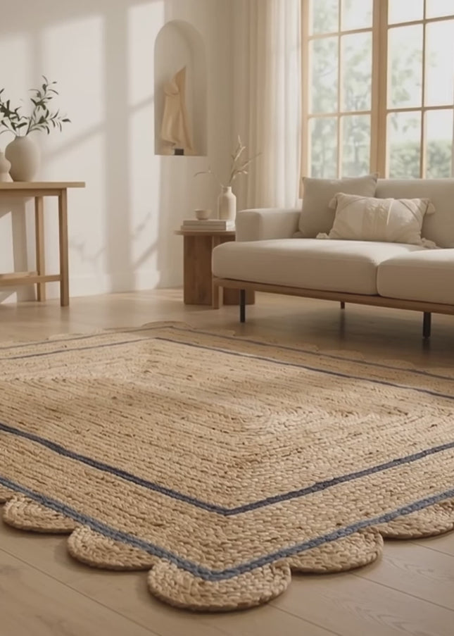 Silver Scalloped Jute Rug: Hand Braided Boho Area Runner
