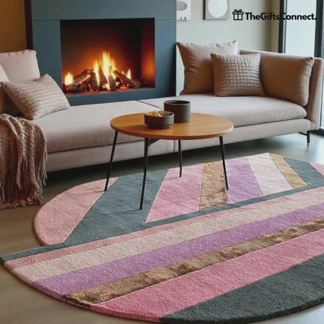 Hand Tufted Abstract Living Room Rug: Pink Purple Warm Color Geometric Design