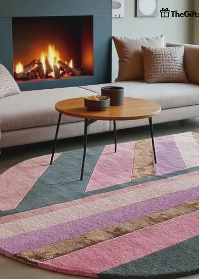 Hand Tufted Abstract Living Room Rug: Pink Purple Warm Color Geometric Design