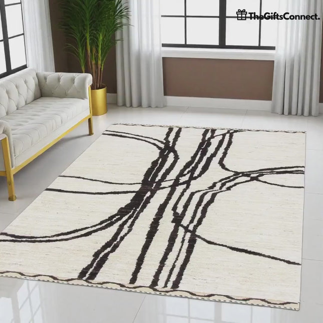 Hand Woven Beni Ourain Wool Rug: Abstract Lines, Shag Texture, Minimalist Decor