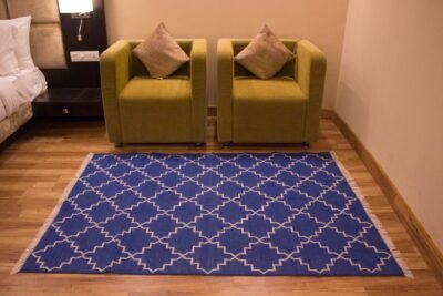 Moroccon Star Cotton Silver Blue Area Rug, Geometric Pattern Luxury Cotton Rug for Living Room Custom