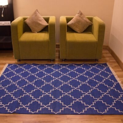 Moroccon Star Cotton Silver Blue Area Rug, Geometric Pattern Luxury Cotton Rug for Living Room Custom