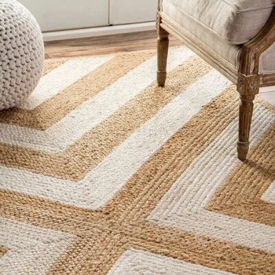 Ivory Natural Jute Runner, Chevron Design Hand braided Large Area Rug for Living Room, Thick Outdoor Designer Jute Carpet in Custom Size