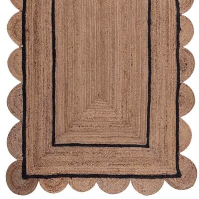 Black Braided Scalloped Natural Jute Rug, Best Scallop Jute Runner Rug for Living Room Bedroom Outdoor, Custom Area Rugs