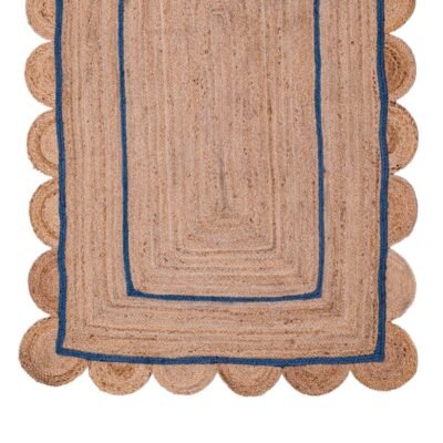 Blue Scalloped Hand Braided Jute Rug, Natural Jute Scallop Home Decor Runner, Custom Living Room/Bedroom Area Rug