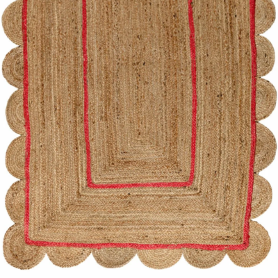 Red Natural Fiber Jute Scallop Rug Perfect for Bohemian Decor, Hand Braided Jute Hallway Rugs, Custom Aesthetic Area Rug