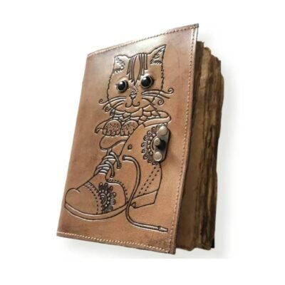 Cat In Shoes Embossed Leather Notebook Black Stone Eyes, Handmade Antique Brass C Lock Refillable Cat Lovers Father’s