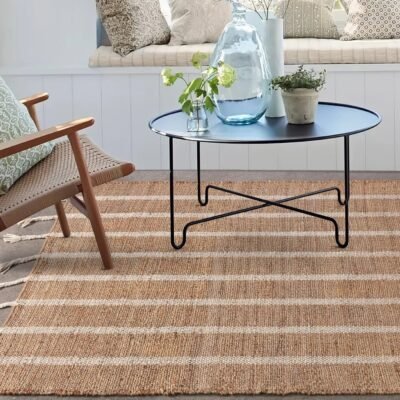 Striped Natural Jute Area Rug, Natural Wool Jute Living Room Runner, Custom Size Reversible Eco Friendly Jute Hemp Plain Striped Rug